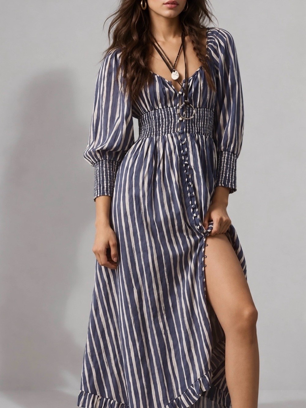 Anthropologie Blue Striped Corset Smocked Sweetheart Midi Dress Size M